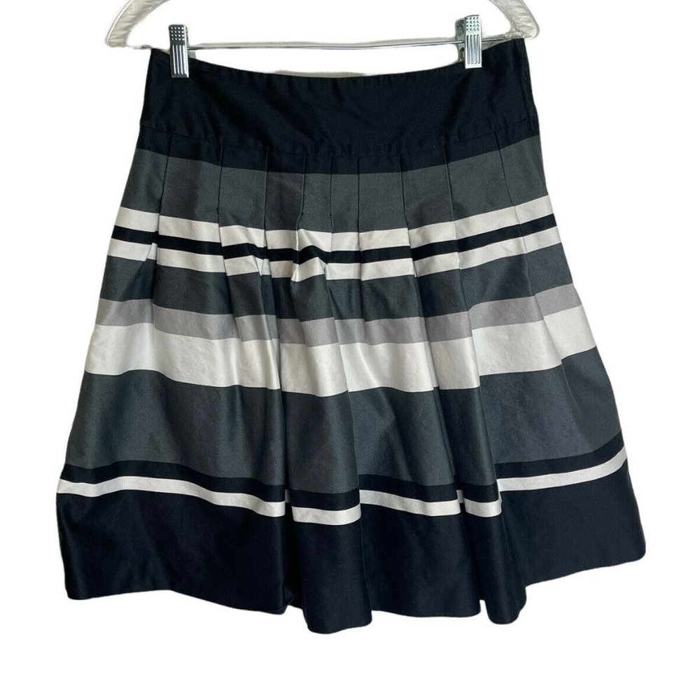 H&M Women's Striped Pleated Lined Skirt Size 8 Neutral Grey Black Cream White